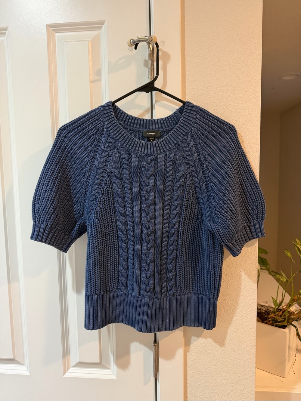 Express Cable-Knit Short Sleeve Sweater in Denim Blue